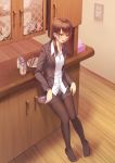  1girl beer_can brown_hair dish ese_shinshi female office_lady open_mouth original skirt solo stocks tissue_box unbuttoned violet_eyes 