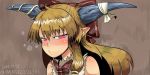  1girl bangs bow brown_hair commentary_request dated hair_bow hair_ribbon horns ibuki_suika long_hair looking_at_viewer munakata_(sekimizu_kazuki) oni pointy_ears pouty_lips red_eyes ribbon sleeveless sleeveless_shirt solo solo_focus touhou 