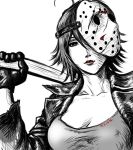  1girl ahoge black_gloves black_hair breasts cosplay friday_the_13th gloves hockey_mask jacket jason_voorhees jason_voorhees_(cosplay) kongari_tokei lips one_eye_covered over_shoulder short_hair solo spot_color taikyokuturugi weapon weapon_over_shoulder 