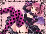  1girl :d \m/ bat_wings breasts brown_eyes cheria_barnes cleavage clenched_hand gloves horns miyato000 open_mouth pink_hair smile solo tales_of_(series) tales_of_graces two_side_up wings 