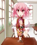  1girl ? atomic_shinichi bandaged_arm blush chair commentary_request double_bun eating eyelashes flower food fruit ibaraki_kasen ice_cream indoors looking_at_viewer pink_eyes pink_hair pink_rose pov pov_eye_contact puffy_short_sleeves puffy_sleeves rose short_hair short_sleeves sitting spoon strawberry tabard table touhou window wrist_cuffs 