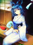  1girl alternate_costume blue_eyes blue_hair dress fan floral_print food fruit hair_ornament hair_rings hair_stick japanese_clothes kaku_seiga kimono kozuki_kai long_sleeves looking_at_viewer obi open_clothes open_dress plate sash sitting smile solo touhou veranda watermelon wide_sleeves wind_chime yukata 