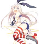  1girl achiki anchor ass blonde_hair blue_eyes elbow_gloves gloves hairband kantai_collection long_hair looking_at_viewer necktie open_mouth shimakaze_(kantai_collection) simple_background skirt solo striped striped_legwear thigh-highs twitter_username white_background white_gloves 