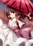 1girl absurdres bare_shoulders bd-0 bow brown_hair bust detached_sleeves expressionless hair_bow hakurei_reimu highres looking_at_viewer looking_back oriental_umbrella red_eyes ribbon-trimmed_sleeves ribbon_trim sarashi solo touhou twilight umbrella 