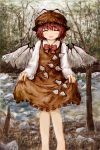  1girl animal_ears bow closed_eyes dress hat highres misuriru_(mithril) mystia_lorelei open_mouth pink_hair river short_hair skirt_hold smile solo touhou traditional_media tree wings 