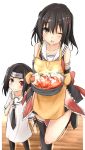  2girls bare_shoulders black_hair dress grey_eyes hair_ornament hairclip headband heart highres if_they_mated kantai_collection long_hair looking_at_viewer mother_and_daughter multiple_girls naruto neckerchief necktie one-piece_swimsuit open_mouth oven_mitts pot saku_(kudrove) sendai_(kantai_collection) sharingan shrimp smirk standing_on_one_leg stew swimsuit two_side_up vegetable white_dress 
