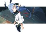  1girl blockhead_bh blue_hair from_above headgear kantai_collection long_hair looking_at_viewer murakumo_(kantai_collection) no_legwear red_eyes school_uniform serafuku solo tagme wind 