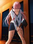  1girl aconitea axe blood blood_on_face blood_on_fingers breasts cleavage gasai_yuno highres long_hair mirai_nikki pink_eyes pink_hair skirt solo twintails weapon 