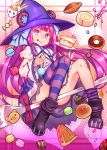  1girl boots cake candy candy_cane doughnut dumpty_alma emil_chronicle_online food fork hat highres long_hair looking_at_viewer macaron pie purple_hair puzzle_&amp;_dragons shennai_misha smile solo striped striped_legwear swiss_roll thigh-highs violet_eyes witch_hat 