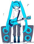  aqua_hair guitar hatsune_miku headphones instrument long_hair musical_note parmesan_(168n) smile speaker twintails vocaloid 