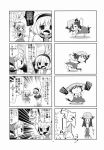  4koma alice_margatroid animal_ears bottle bow capelet cat_ears cat_tail chen choborau_nyopomi cirno comic exercise hair_bow hairband hat highres monochrome polearm spear tail touhou tree water_bottle weapon weightlifting yakumo_ran 