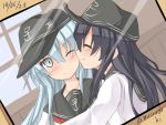  2girls ^_^ akatsuki_(kantai_collection) black_hair bust closed_eyes grey_eyes hat hibiki_(kantai_collection) kantai_collection long_hair multiple_girls musouzuki neckerchief one_eye_closed school_uniform serafuku silver_hair smile 