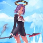  1girl black_dress blue_sky breasts clouds dress kantai_collection looking_at_viewer mechanical_halo polearm purple_hair shirofox short_hair sky smile solo spear tatsuta_(kantai_collection) violet_eyes weapon 