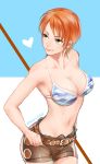  1girl bikini_top blush breasts cleavage closed_mouth heart jewelry kanapy large_breasts long_hair looking_to_the_side midriff nami navel one_piece orange_hair short_hair shorts smile solo 
