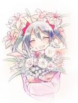  1girl bouquet bow cardigan closed_eyes flower grin hair_bow highres love_live!_school_idol_project school_uniform smile solo twintails yazawa_nico yui_7 