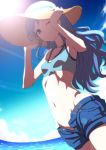    1girl ;) aikatsu! blue_eyes blue_hair blush clearite dutch_angle fisheye hat highres kiriya_aoi lens_flare long_hair midriff mound_of_venus navel ocean one_eye_closed open_fly shorts sketch smile solo sun_hat tank_top unzipped 