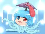  1girl :3 blue_hair heterochromia karakasa_obake monster_girl open_mouth shirosato solo tatara_kogasa tentacles touhou umbrella 