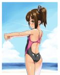  1girl ass brown_eyes brown_hair competition_swimsuit from_behind gengorou i-401_(kantai_collection) kantai_collection one-piece_swimsuit ponytail short_hair stretch swimsuit tan tanline 