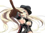  1girl armpits bismarck_(kantai_collection) blonde_hair blue_eyes blush breasts brown_gloves gloves kantai_collection long_hair military military_uniform nao_(qqqbb) no_bra open_mouth pointing sideboob sketch solo torn_clothes under_boob uniform 