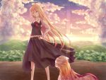  2girls ascot bad_proportions blonde_hair chu_qing clouds forest from_behind hand_on_hip head_tilt highres lens_flare long_hair long_sleeves looking_at_another looking_down mob_cap mountain multiple_girls nature older red_eyes rumia sitting skirt skirt_set sky sunset touhou very_long_hair yakumo_yukari 