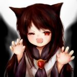  1girl amanojaku animal_ears brooch brown_hair bust fangs highres imaizumi_kagerou jewelry long_hair long_sleeves open_mouth paw_pose red_eyes shirt skirt solo tail touhou uneven_eyes wide_sleeves wolf_ears younger 
