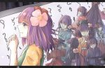 6+girls aaaabo book bow cat flower genderswap hair_flower hair_ornament hands_clasped hieda_no_akyuu hime_cut japanese_clothes kimono long_hair multiple_girls multiple_persona multiple_tails ponytail purple_hair ribbon scroll short_hair smile tail touhou twintails violet_eyes 