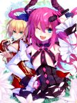  2girls ahoge blonde_hair blue_eyes detached_sleeves fate/extra_ccc fate_(series) flat_chest green_eyes horns lancer_(fate/extra_ccc) long_hair microphone multiple_girls one_eye_closed pink_hair pointy_ears saber_extra yude 