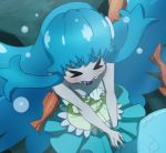  &gt;_&lt; 1girl bare_shoulders blue_hair blush breasts cleavage fish happinesscharge_precure! haruyama_kazunori long_hair mermaid monster_girl precure shirayuki_hime solo underwater 
