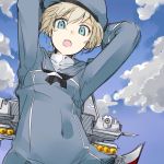  1girl :o arms_up blonde_hair blue_eyes blue_sky clouds hat kantai_collection long_sleeves looking_at_viewer machinery manabebebe neckerchief open_mouth sailor_collar sailor_hat short_hair sky solo z1_leberecht_maass_(kantai_collection) 