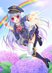  1girl :d absurdres airplane blue_hair boots flower hair_ornament hat highres holding ice_cream_cone looking_at_viewer nakada_rumi open_mouth original peaked_cap pilot_uniform pleated_skirt rainbow reachimg red_eyes skirt smile solo tagme thigh-highs two_side_up white_legwear zettai_ryouiki 