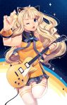  1girl ahoge animal_ears blonde_hair blue_eyes bracelet cat_ears electric_guitar guitar highres instrument jewelry lips long_hair loyproject nail_polish one_eye_closed orange_nails parted_lips plectrum seeu skirt sleeveless small_breasts solo thigh-highs vocaloid white_legwear 