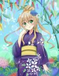  1girl bamboo field flower flower_field green_eyes hair_ornament japanese_clothes kimono light_brown_hair long_hair looking_at_viewer original ponytail sash smile solo tanabata tanzaku td yukata 