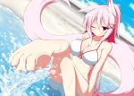  1girl animal_ears bikini blush breasts feet foreshortening fox_ears fox_tail highres kazamatsuri_kazari kemonomimi_mode large_breasts long_tail mizuki_(kogetsu-tei) ocean one_eye_closed original pink_hair red_eyes smile solo splashing swimsuit tail toes wet 