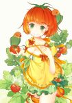  1girl bird bob_cut breasts cleavage dress food_as_clothes food_themed_clothes green_eyes hair_as_food orange_hair original parakeet parrot personification short_hair smile solo tomato white_background yuge_sasatarou 