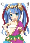  1girl armlet bandeau bare_shoulders blue_eyes blue_hair bracelet breasts cleavage collarbone earrings hair_ornament hand_on_hip hoshino jewelry lakshmi_(p&amp;d) long_hair looking_at_viewer necklace open_mouth puzzle_&amp;_dragons short_sleeves simple_background text translation_request twintails white_background 