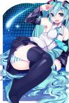  1girl aqua_eyes aqua_hair bare_shoulders boots detached_sleeves hatsune_miku highres legs_together long_hair loyproject necktie panties platform_footwear platform_heels salute skirt small_breasts smile solo star starry_background striped striped_panties thigh-highs thigh_boots twintails underwear very_long_hair vocaloid 