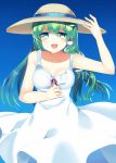  1girl alternate_costume aqua_eyes bare_arms bare_shoulders blue_background breasts cleavage dress frog_hair_ornament green_hair hair_ornament hair_tubes hand_on_headwear hand_on_own_chest hat hat_ribbon kochiya_sanae long_hair looking_at_viewer mizutori_mishi open_mouth ribbon simple_background snake_hair_ornament solo straw_hat sundress touhou 
