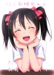  1girl ^_^ black_hair blush bow closed_eyes hair_bow love_live!_school_idol_project open_mouth satou_kuuki short_hair short_sleeves simple_background solo translation_request twintails white_background yazawa_nico 