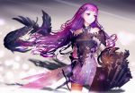  1girl armor armored_dress bird claws crow highres long_hair original purple_hair solo sword violet_eyes weapon yasumikei 