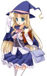  1girl :3 ameya_kirika bag blonde_hair blue_eyes book cape character_request female hand_on_headwear hat holding long_hair looking_at_viewer official_art parted_lips pleated_skirt quiz_of_walkure shoulder_bag skirt solo tagme thigh-highs white_legwear witch_hat zettai_ryouiki 