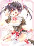  1girl ;d animal_ears bariko black_hair blush breasts cleavage dress dress_lift fake_animal_ears garter_straps happy_birthday highres love_live!_school_idol_project maid maid_headdress one_eye_closed open_mouth rabbit_ears smile thigh-highs white_legwear yazawa_nico 