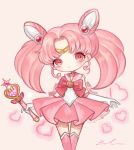  1girl bishoujo_senshi_sailor_moon blush boots bow brooch chibi_usa choker double_bun elbow_gloves gloves hair_ornament hairpin heart heart_background jewelry knee_boots lalala222 magical_girl pink_hair pink_moon_stick pink_skirt pleated_skirt red_eyes ribbon sailor_chibi_moon short_hair skirt smile solo thigh_gap tiara twintails white_background white_gloves 
