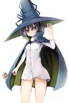  1girl blue_hair brown_eyes cape fuyu16 hat looking_at_viewer maji_moji_rurumo rurumo smile solo wand waving witch witch_hat 