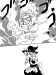  1boy 1girl bow broly chokobo_(fire89) dragon_ball dragon_ball_z dress earrings grin hair_bow hair_ribbon hat jewelry kirisame_marisa long_hair muscle necklace open_mouth puffy_sleeves ribbon smile spiky_hair touhou witch_hat 