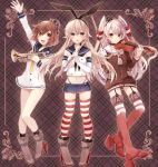  1girl 3girls amatsukaze_(kantai_collection) black_panties blonde_hair blush brown_eyes brown_hair clarinet elbow_gloves flat_chest flute garter_straps gloves hair_ornament hair_ribbon hair_tubes highleg highleg_panties highres ichinose_yukino instrument kantai_collection long_hair looking_at_viewer multiple_girls navel open_mouth panties red_legwear ribbon sailor_collar sailor_dress shimakaze_(kantai_collection) short_hair silver_hair skirt smile striped striped_legwear thigh-highs twintails underwear violin white_gloves yukikaze_(kantai_collection) 