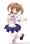  1girl :d ameya_kirika brown_hair character_request copyright_request hair_ornament hair_ribbon holding looking_at_viewer microphone official_art open_mouth pleated_skirt ribbon school_uniform serafuku skirt smile solo tagme thigh-highs twintails violet_eyes white_legwear zettai_ryouiki 