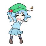 &gt;_&lt; 1girl arms_up blue_hair boots chibi closed_eyes fang happy hat kawashiro_nitori key open_mouth oribe_rin short_hair short_sleeves short_twintails simple_background skirt skirt_set smile solo touhou twintails 
