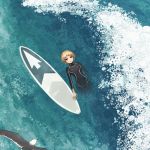  androgynous bird black_eyes blonde_hair commentary cursor floating highres icon looking_up original pun surfboard water waves wetsuit yajirushi_(chanoma) 