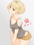  1girl alternate_hair_length alternate_hairstyle arched_back bare_shoulders blonde_hair bow butt_crack collarbone flat_chest hair_bow hair_ornament hairclip harada_itsumi kantai_collection panties pantyshot paw_print red_eyes shirt short_hair short_shorts shorts smile solo tank_top underwear yuudachi_(kantai_collection) 