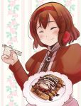  1girl :3 apron axis_powers_hetalia belgium_(hetalia) blush brown_hair bust chocolate_syrup closed_eyes floral_background flower food fork frills fruit hairband hanasuke33 holding holding_fork holding_plate jewelry long_sleeves necklace official_style plate puffy_long_sleeves puffy_sleeves short_hair solo strawberry waffle whipped_cream 
